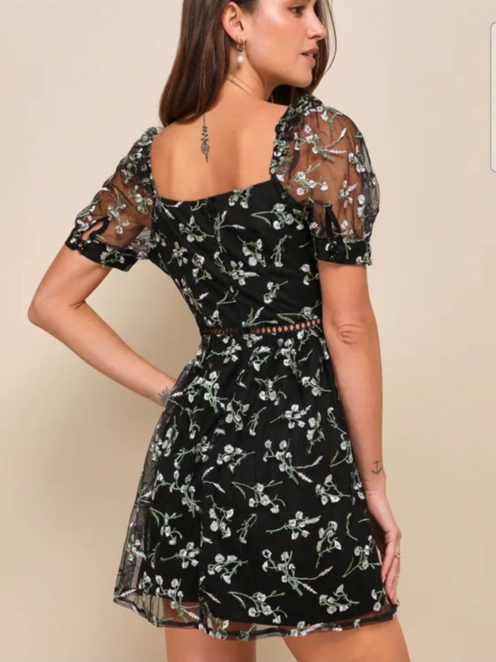 Lulus Black Short Sleeve Dress w/ Embroidered Flowers XXS - Picture 3 of 4